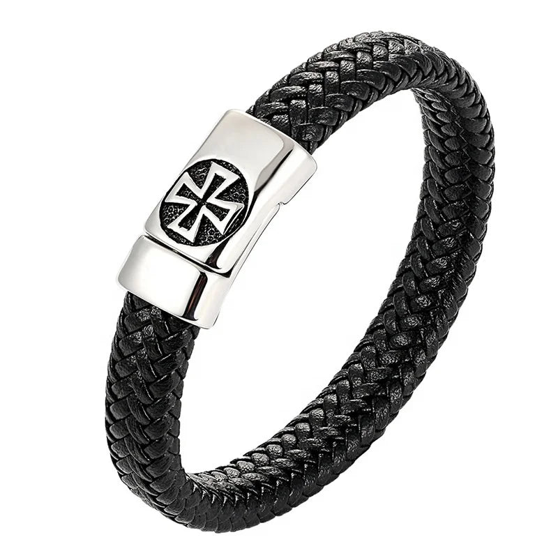 Hand-Woven Leather Jewelry Bracelet for Men and Women New Style Stainless Steel Cross Charms Fashion Charm Bracelets