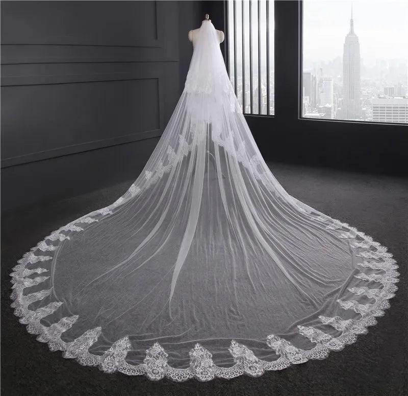 Morili  Luxury Long Starfish Lace 2 Layers Ivory  Width 300cm * 350cm Length Cathedral Wedding Veil  for Bride With Comb MPB24