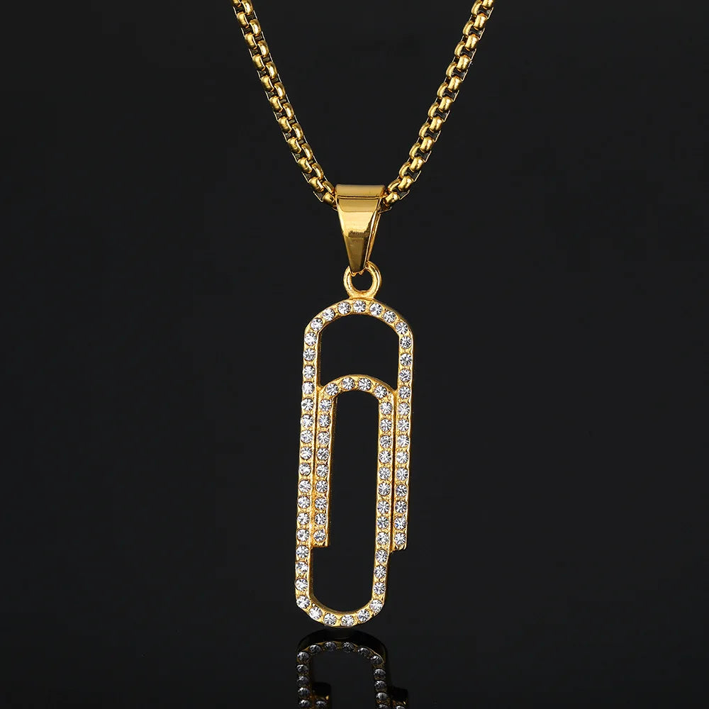 Fatingna Micro Inlaid Full Diamond Stainless Steel Necklace Women's Geometric Fashion European American Wholesale Paper Clip Pin