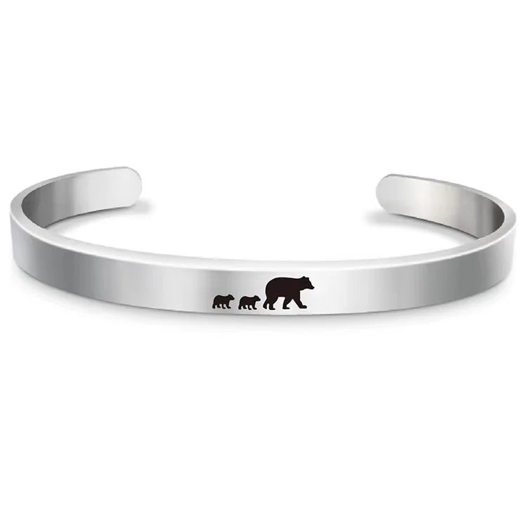 Womens Minimalist Bear Family Cuff Bracelet Engraved Mother's Day Jewelry