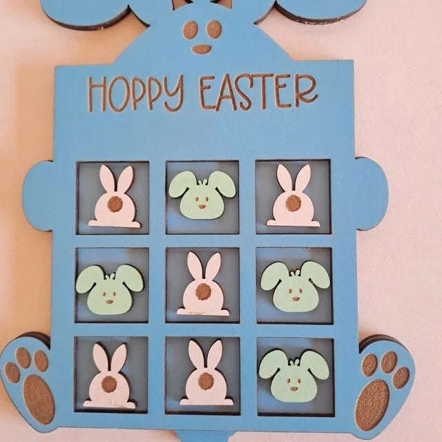 Kids Toddler Easter Basket Stuffer Laser Cut Wooden Easter Tic Tac Toe Board with Bunny and Eggs