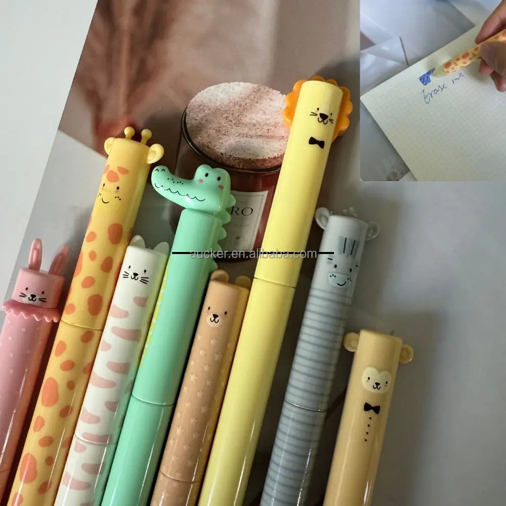 8pcs Cute Zoo Theme Erasable Pens Blue Ink Pen with Eraser Clear Twist-up Gel Pen Erasable Pens Rub Out Pen 0.5mm