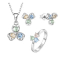Three Stones Ladies Fashion Multi-Color Flower Design Diamond Pendant Necklace Earrings Ring Jewelry Set
