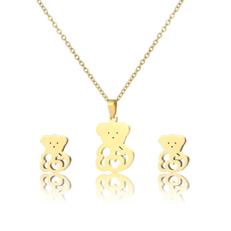 Trendy Popular Women Jewelry Gold Plated Stainless Steel Cute Bear Jewelry Sets