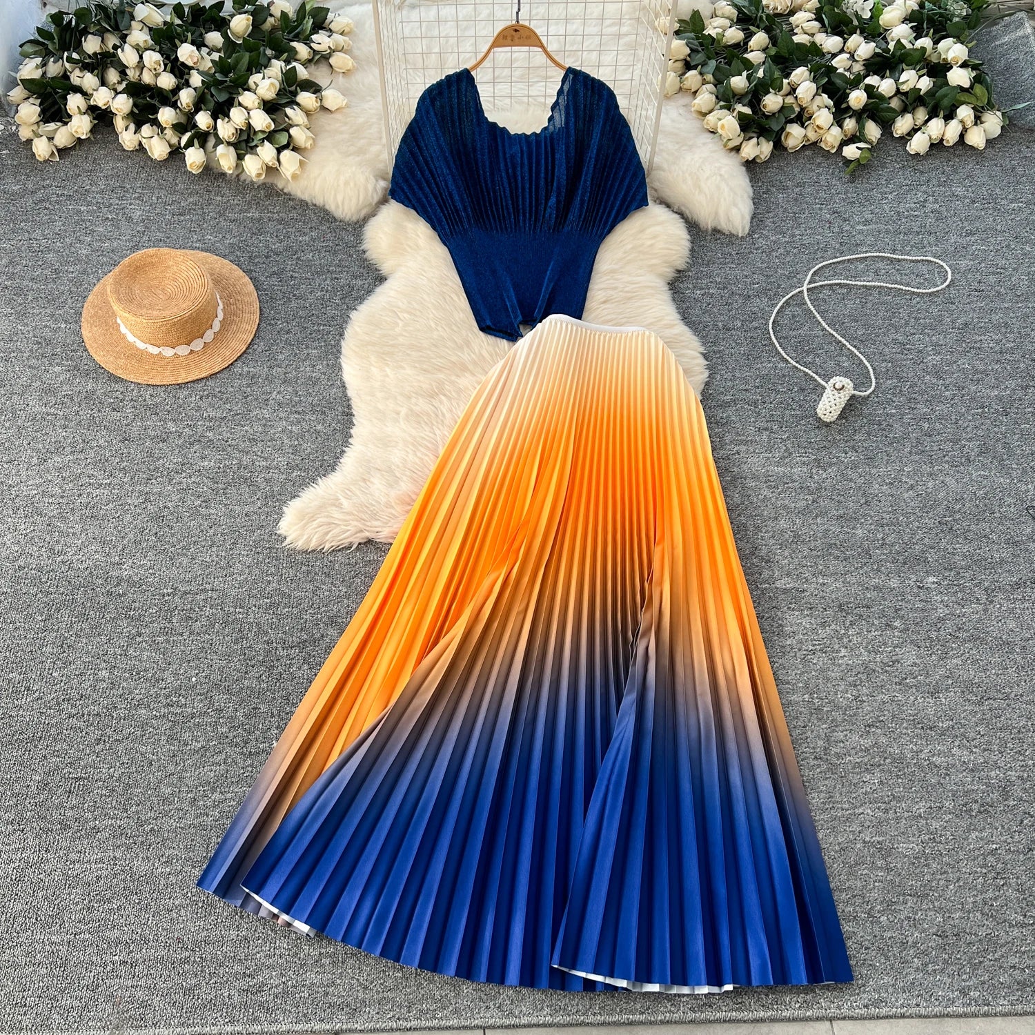 Miyake Pleated Suit Women's Summer Design Sense Sparkly Short Sleeve Top High Waist Gradient Skirt