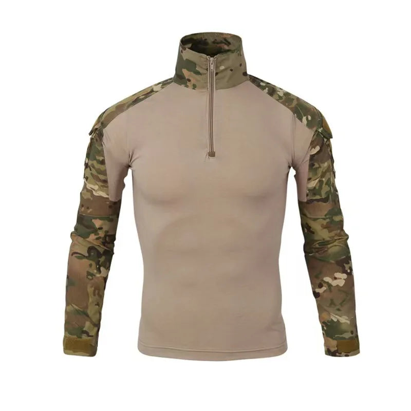 Men's Long Sleeve Male Shirt 1/4 Zipper Ripstop Cotton Tactical Shirts Navy Blue Camouflage Air Soft T Shirts
