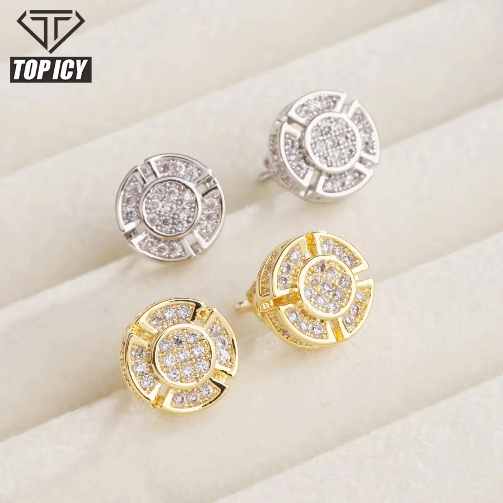 Hot Selling Fashion Earrings Zircon 4 Fanshaped  Round Circle Stud Earring Iced Out Jewelry Earrings for Women Men Unisex