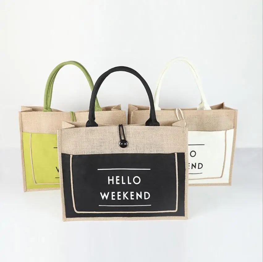 Waterproof Custom Logo Eco Reusable Jute Carrying Bags Women Beach Hand Tote Laminated Grocery Handbags Jute Bag