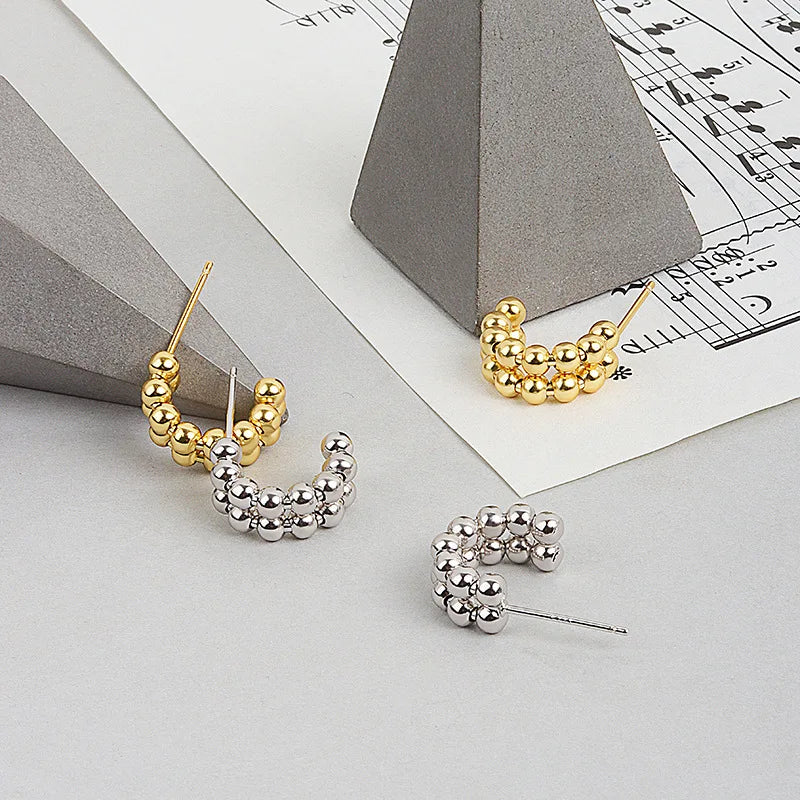 Geometric Hollow C-Shape Earrings 18K Gold Plated Balls Hoop Earring Metal Beads Double Layer C Shape Stud Earrings for Women