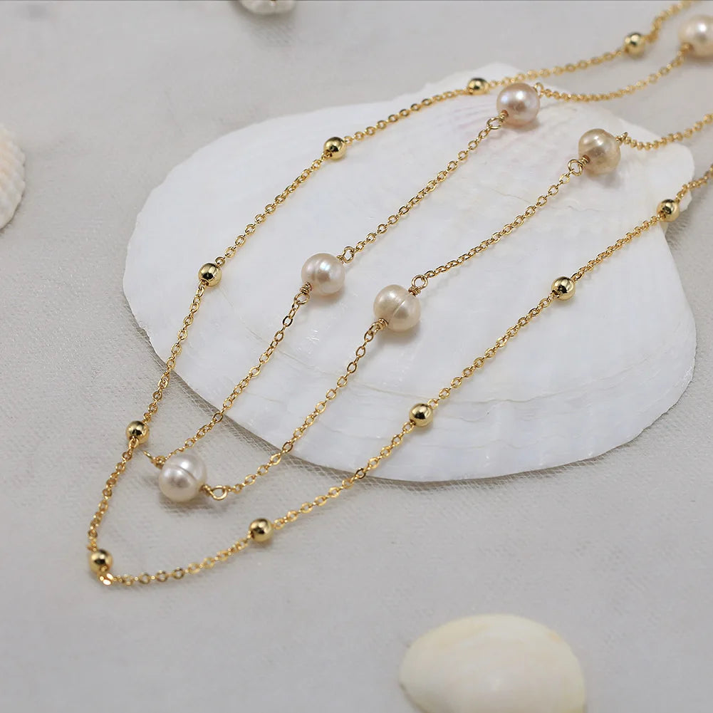 RINNTIN GPN62 Double Layer 925 Sterling Silver Necklace Multiple Fresh Water Pearls Gold Plated Necklaces for Women