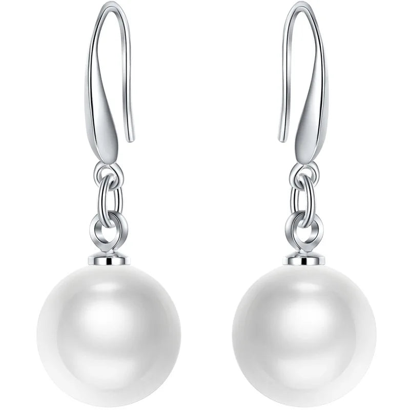 Fashion 925 Silver Plated Hook 8 10 12MM Drop Dangle White Pearl Earring Jewelry for Women