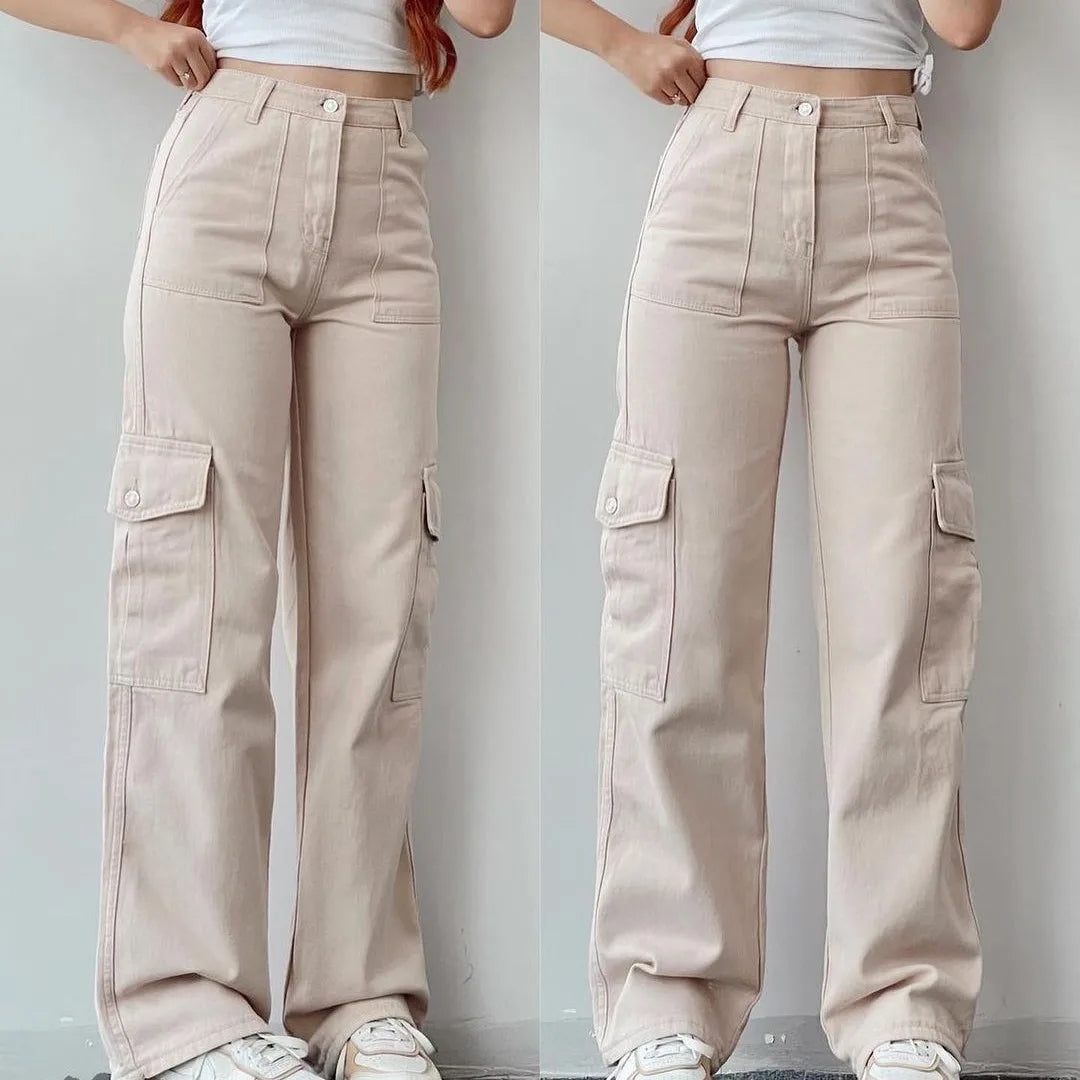 Women Spring Autumn Cargo Pants Mid Waist Multi Pockets Solid Lady Slim Casual Trousers