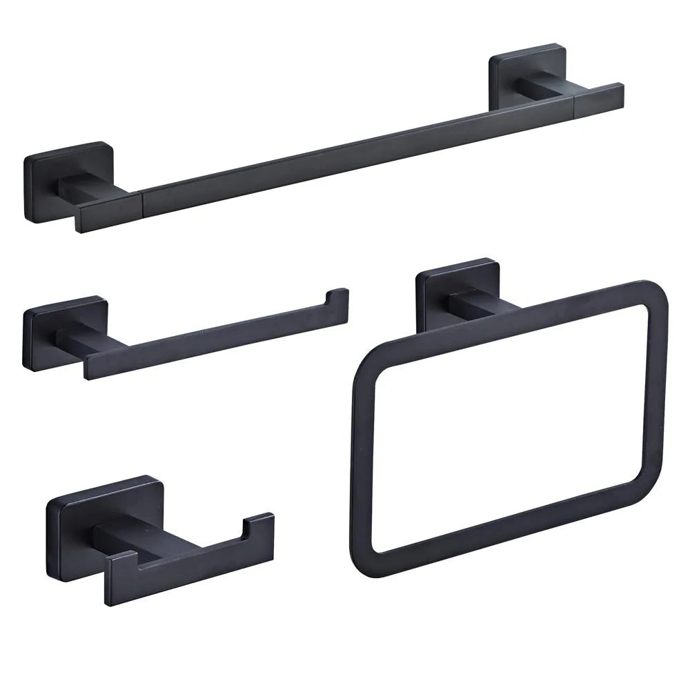 Modern Stainless Steel Four-Piece Bathroom Accessories Set Matte Black Finish Includes Towel Rack Paper Holder Hooks-Gift Boxed