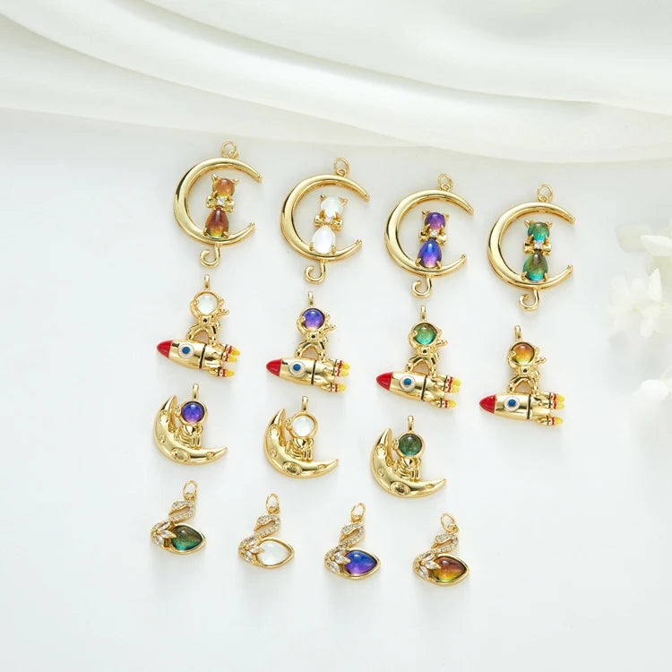 New Trendy Boho Rocket Astronaut Moon Cat Swan Shaped Brass 14K Gold Plated Zircon Dangle Pendant Charms DIY Bracelet Necklace