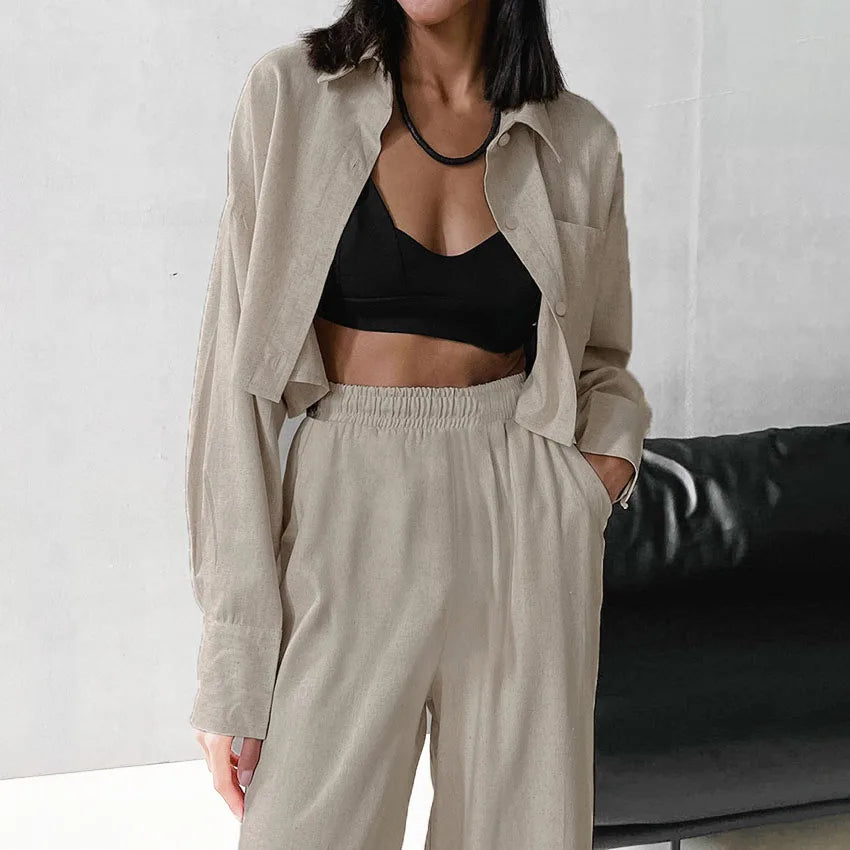 Enyami Custom Cotton Linen Women's Clothing 2 Piece Coord Set Women Long Sleeve Long Pant Short Top Casual Outfit Women's Sets