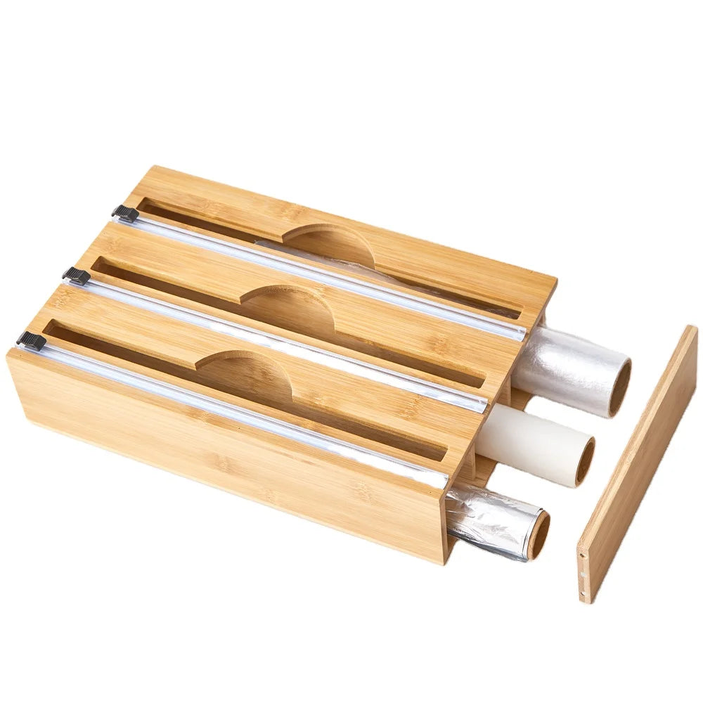 Bamboo Foil Wrap Dispenser Organizer Wax Paper Plastic Wrap Dispenser with Cutter Aluminum Foil Kitchen Accessories Modern 960g