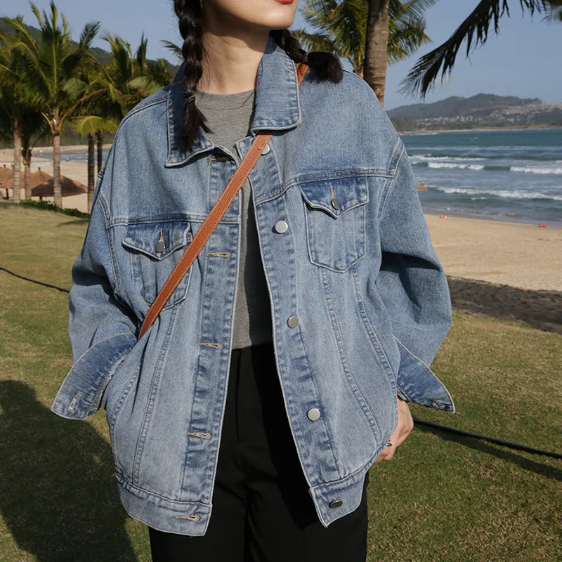 Women's Autumn/Winter Casual Button Printed Washed Denim Jacket Eco-Friendly Breathable 100% Cotton Stonewashed