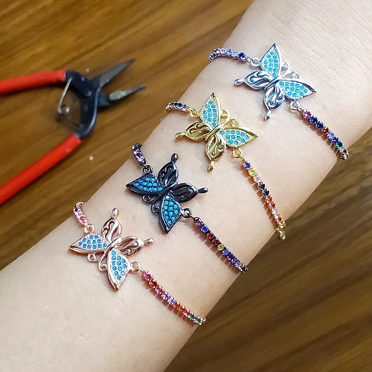 BC1256  Fashion Chic 18k Gold Plated Rainbow Diamond CZ Micro Pave Butterfly Charm Tennis Chain Bracelets for Women Girls