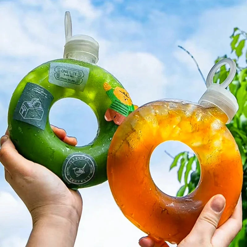 Wholesale 500ml High Temperature Resistance Donut Cup PP Bottle with Ring Lid Screen Printed for Milk Tea Juice Soda & Coffee