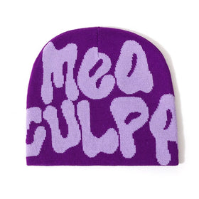 Popular Hot Sale in Stock Unisex Colorful Adults Unfold Cuffless Winter Cap Custom All Over Jacquard Lettering Purple Beanie Hat