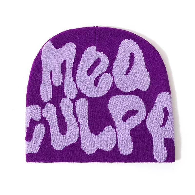Popular Hot Sale in Stock Unisex Colorful Adults Unfold Cuffless Winter Cap Custom All Over Jacquard Lettering Purple Beanie Hat