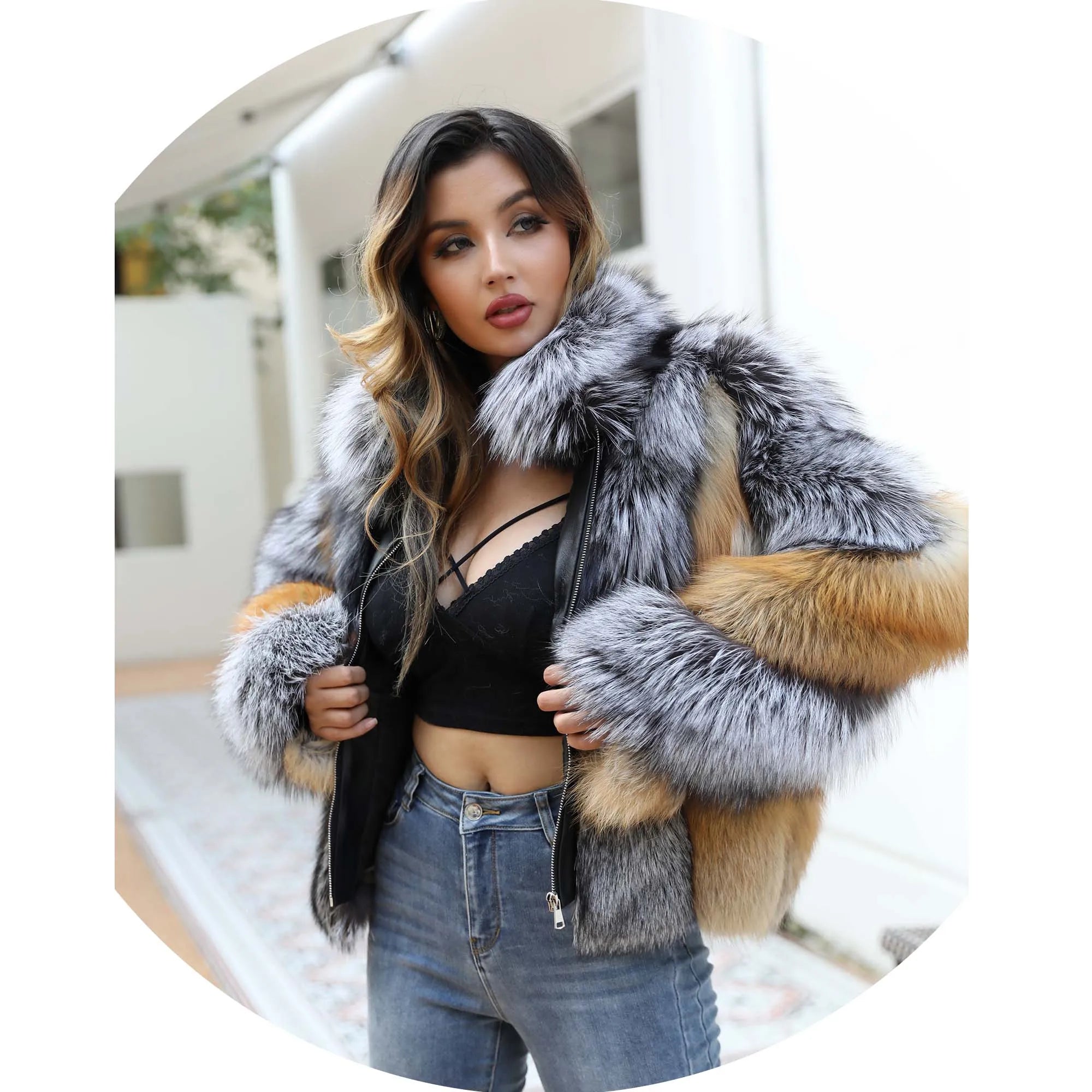 Fashion Warm Classic Design Women Thick Real Silver Fox Mix Red Fox Fur Real Fur Coat