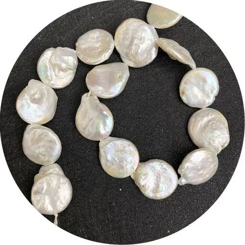 Cultured Freshwater Coin Pearls for Jewelry Making Round Polished DIY White Pearl Beads String Strand 18mm Sold Per 14.96 Inch