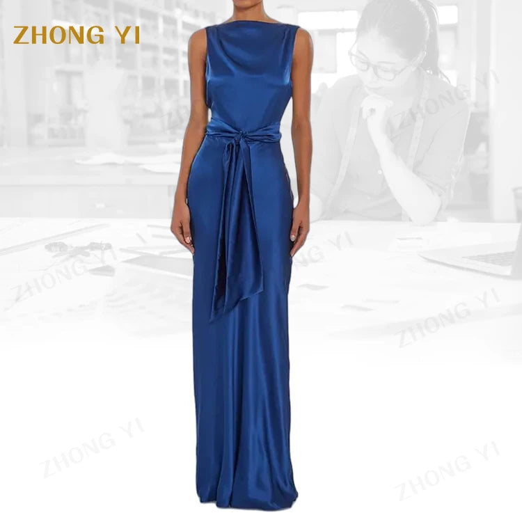 Clothing Factory Wholesale Custom Fashion Elegant Loose Plain Woman Summer Blue Satin Sleeveless Casual Maxi Dress for Women