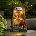 Solar Powered Treehouse Ornament with "WELCOME" Sign Multi-Level Cottage with Glowing Windows and Red Mushrooms Garden Decor