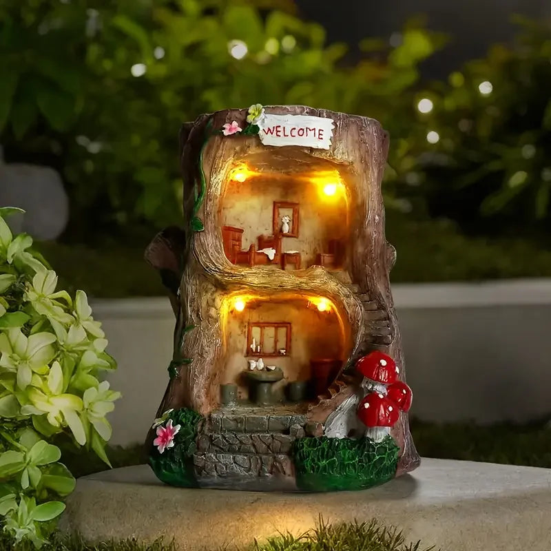Solar Powered Treehouse Ornament with "WELCOME" Sign Multi-Level Cottage with Glowing Windows and Red Mushrooms Garden Decor