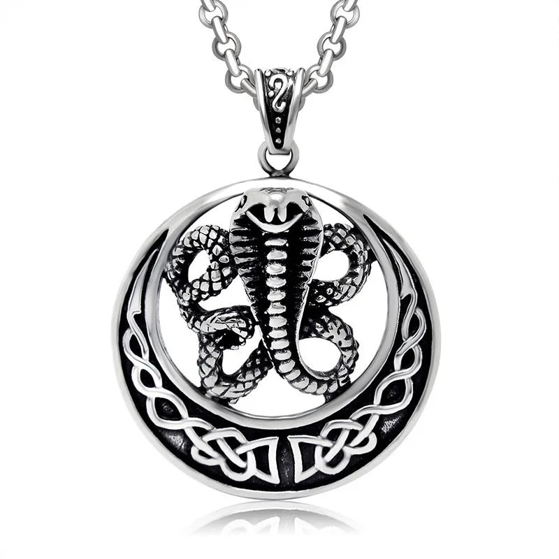 Eden's Vintage Stainless Steel Snake Design Round Pendant Necklace for Men Antique Silver Fine Pendants & Charms