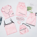 Pink Women's 7 Pieces Pajamas Sets Silk Striped Pyjama Women Sleepwear Sets