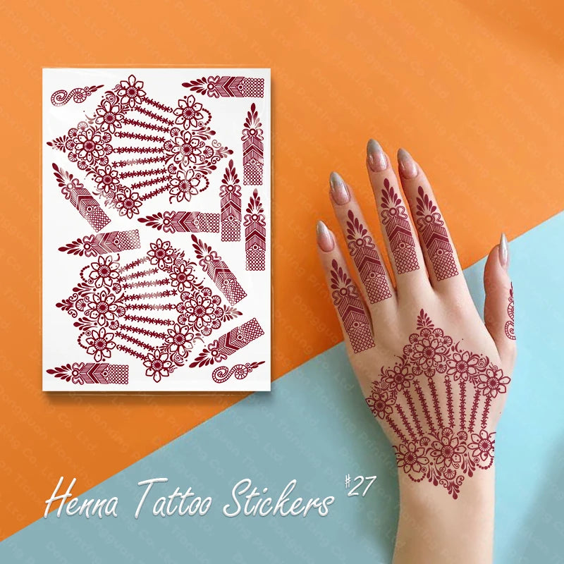 One Sheet for Two Hands Fingers Maroon Mehndi Design Temporary Henna Tattoo Stickers Waterproof Women Ramadan