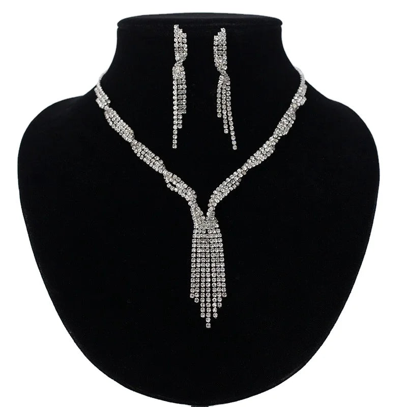 Vintage Silver Bridal Suit Necklace and Earring Set with Braided Tassels and Rhinestones for Wedding or Evening Dress-Up