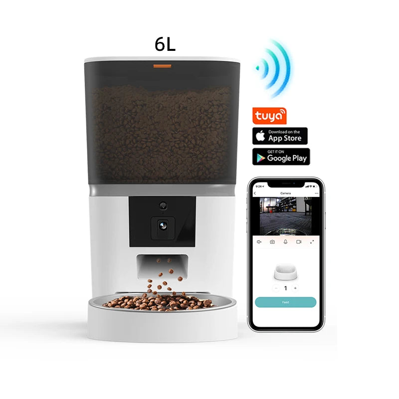 WIFI Camera 6L Tuya APP Control Pet Food Dispenser Pet Automatic Feeder with Stainless Steel Bowl