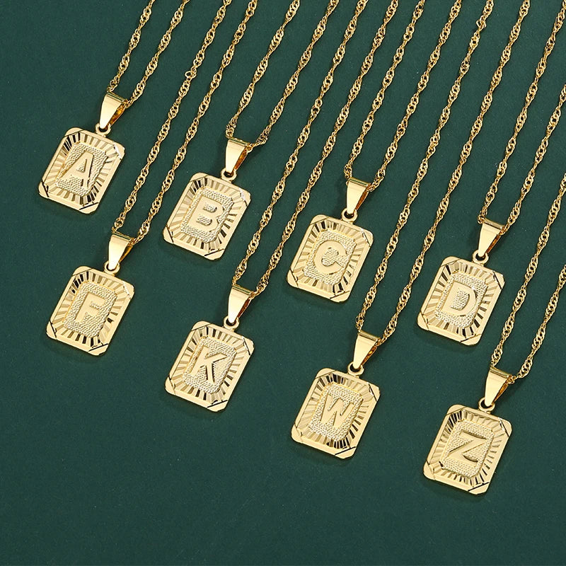 Custom Design Jewelry Fashion Jewelry love Necklace for Women 18K Gold Plated a to Z square Letter Pendant Water Wave Chain