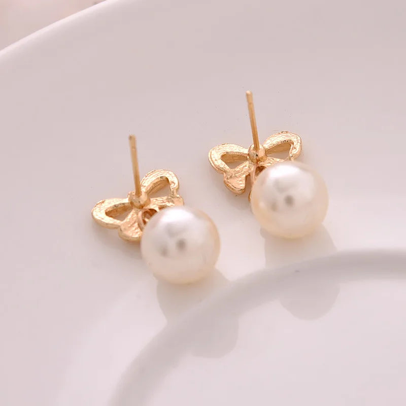 Hot Selling Cute Gold-Plated BowKnot Stud Earring Hanging High Bright Pearl Drop Earrings for Women