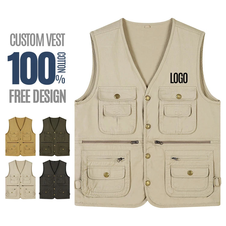 Heavy Pure Cotton Quality Vest Men 's Multi-pockets for Fishing Out Door Work Waistcoat Vest