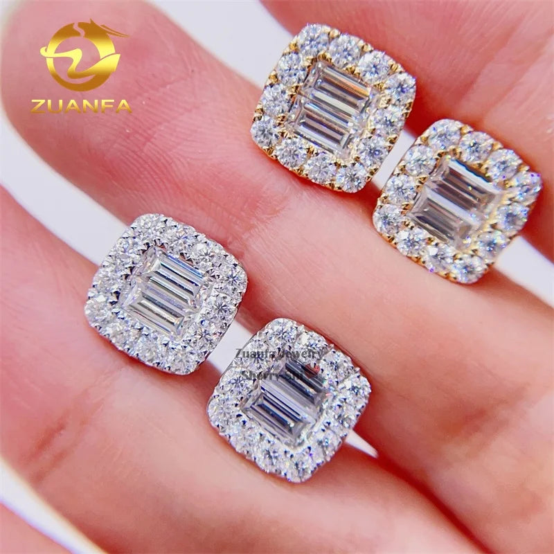 Women 9mm baguette Design Pass Diamond Tester 10k Real Gold Moissanite Earrings Screw Back