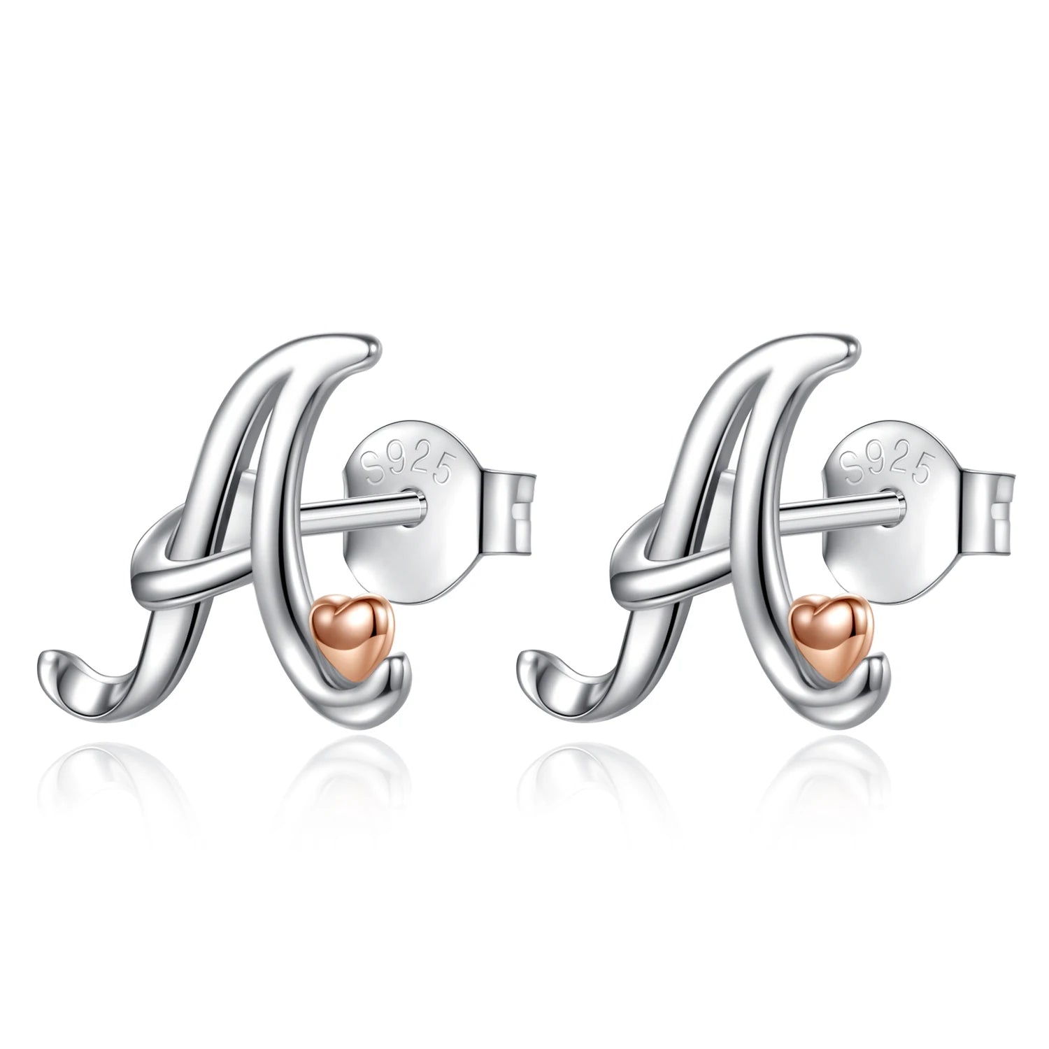 925 Sterling Silver Alphabet Earring Letter a Earings Initial Earrings with Rose Gold love Heart