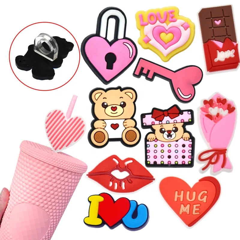 Valentine's Day Party Girls Straw Topper charms PVC material for Festive Decorations