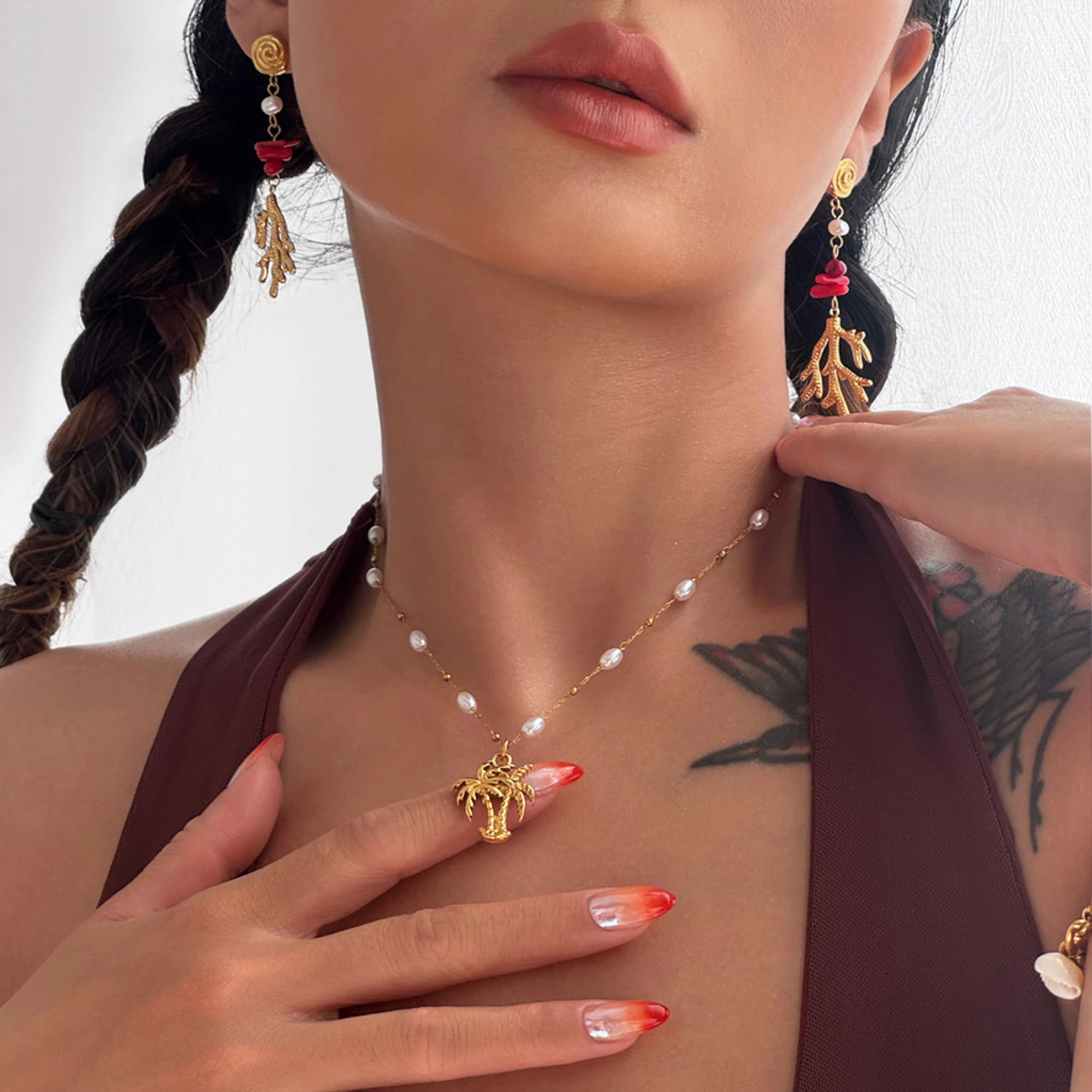 NEW BOHO PEARL DANGLE COCONUT TREE PENDANT UNISEX STACKABLE NECKLACE Dazan 18k Gold Plated Tarnish Free Stainless Steel JEWELRY