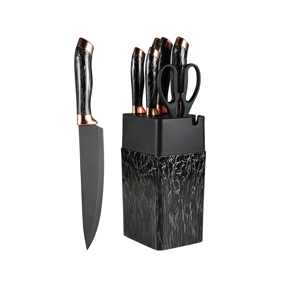 7 Pcs Professional Black Stainless Steel Kitchen Knife Set Coated Blades ABS Handle Dishwasher Safe Knife Holder Sharpener