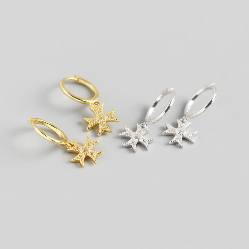 Classic Boho 925 Sterling Silver 18k Cz Cross Charm Dangling Gold Plated Hoop Earrings for Women
