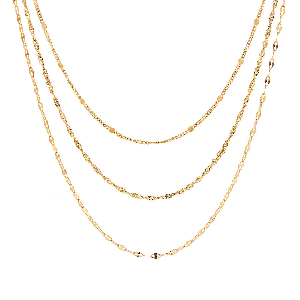 J&D Classic Layered Necklace New Trendy 18K Gold Plated Stainless Steel Jewelry Waterproof Three Layer Stacking Necklace