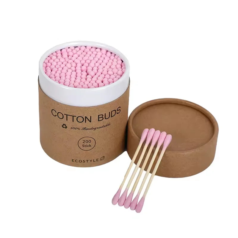 Pink Swabs with Kraft Paper Cylinder Case- Double Round Thick Bamboo Cotton Buds for Makeup and Cleaning