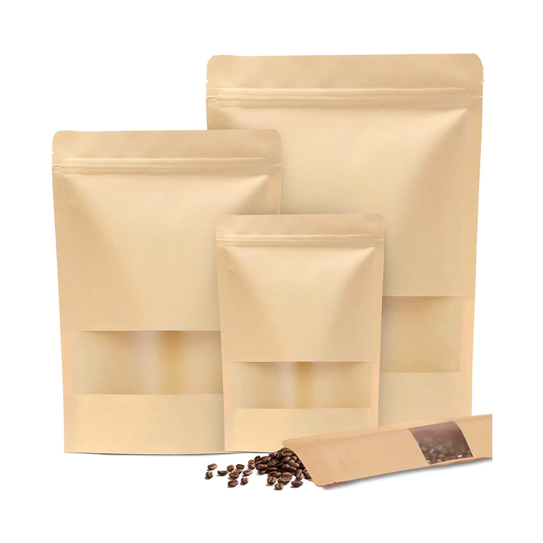 Reusable Sealable 100 Pcs Kraft Paper Bags with Window 4.7" x 7.9" Stand Up Pouches Zip Lock Food Storage Bags for Packaging
