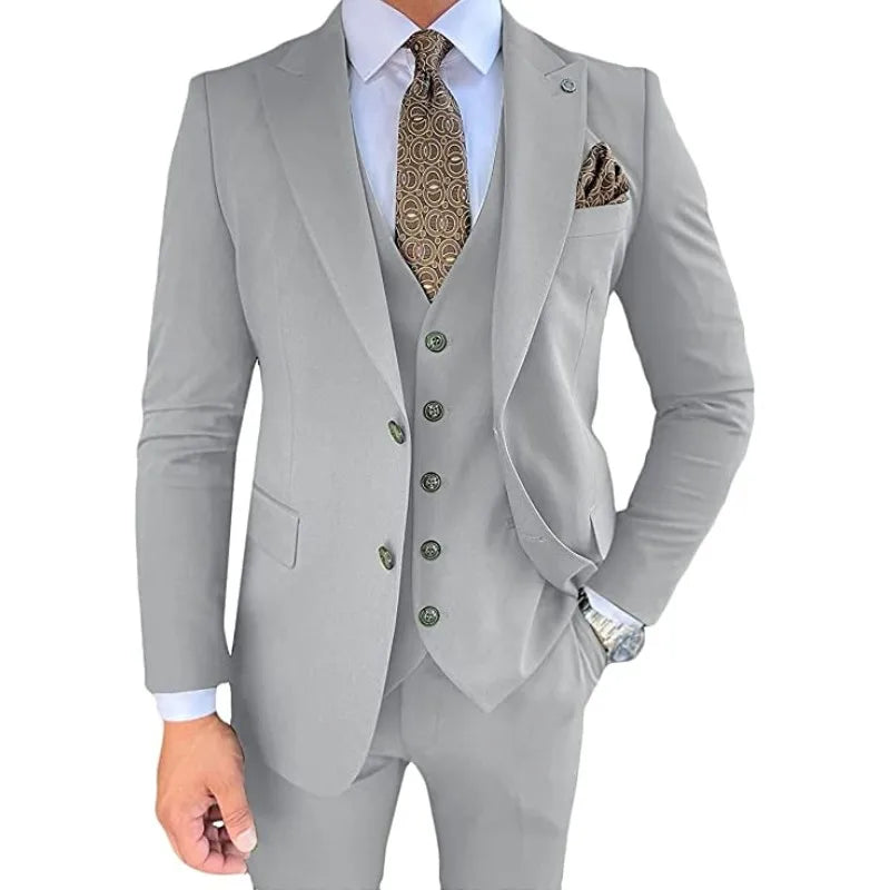 Business Formal Brown Royal Blue Pink Peaked Lapel Men Suits 3 Piece Groom Wedding Sets Jacket Vest Trousers Dress Tuxedo Blazer