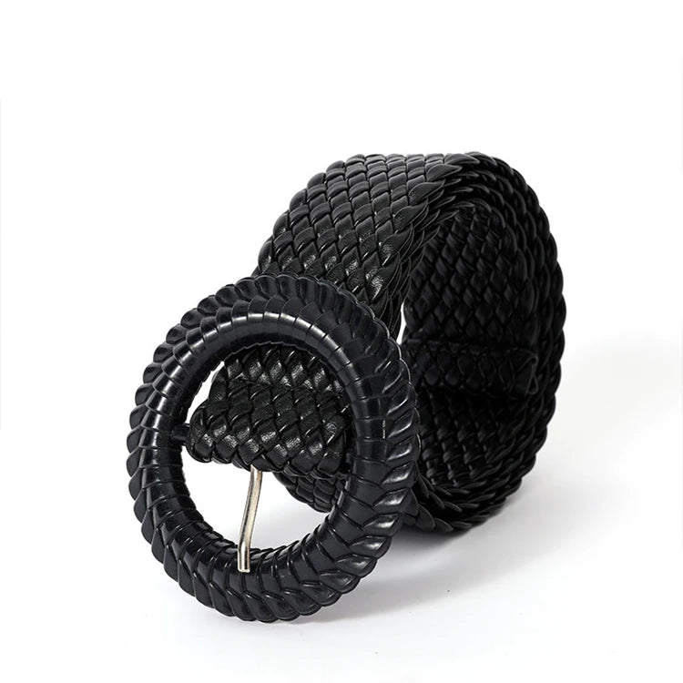 Women's Skinny PU Plastic Belts with Elastic Stretch Waist Pin Buckle Cinch Wooden Buckle Braided Strap Straw Woven Fashionable