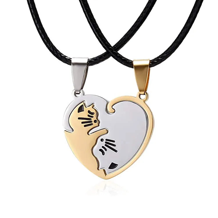 Matching Couple Necklaces Two Cats One Heart Pendant Necklaces Stainless Steel Valentines Gifts for Yourself and Your Lover
